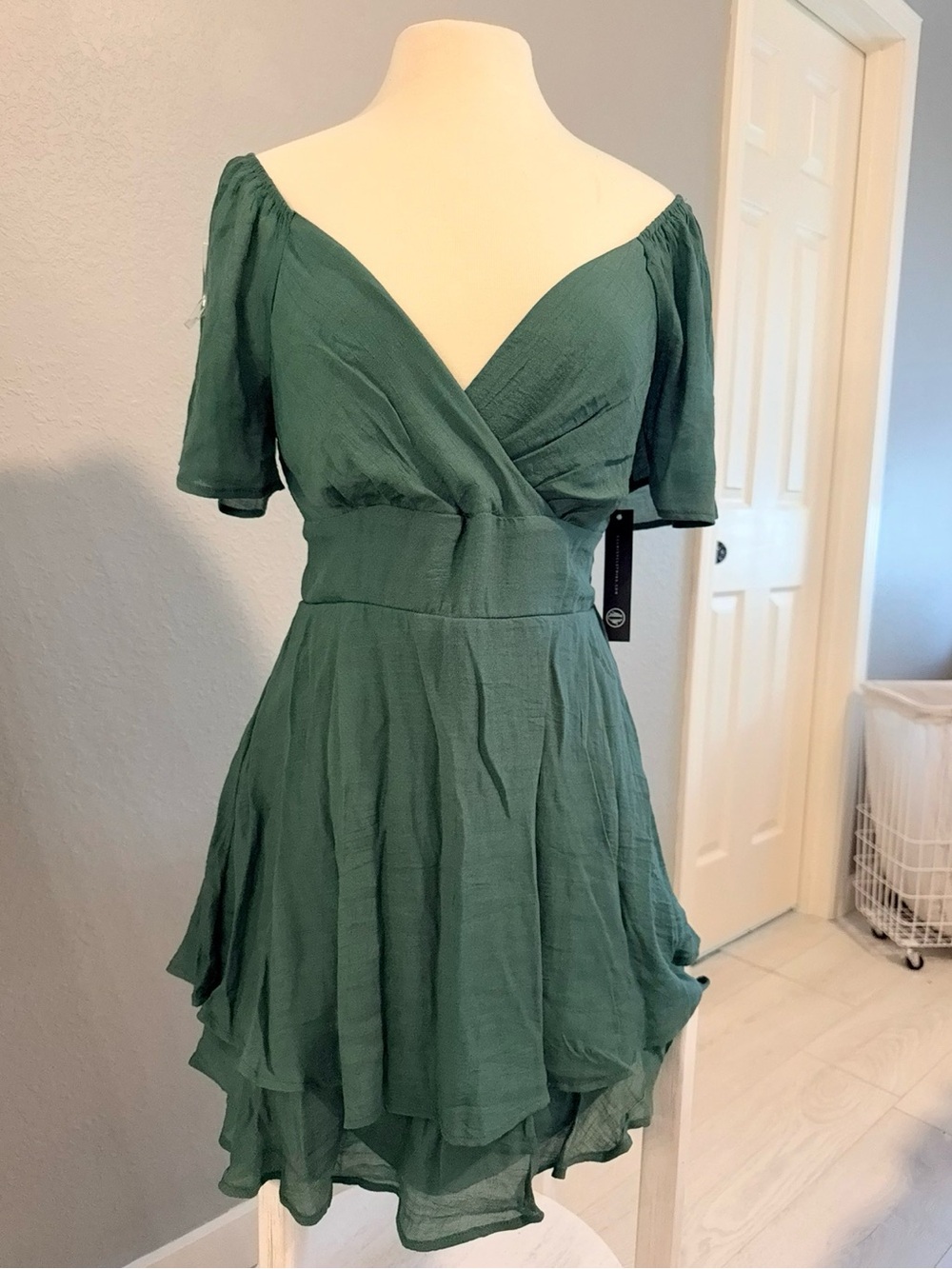 As U Wish Emerald Green Off-Shoulder Wrap Mini Dress